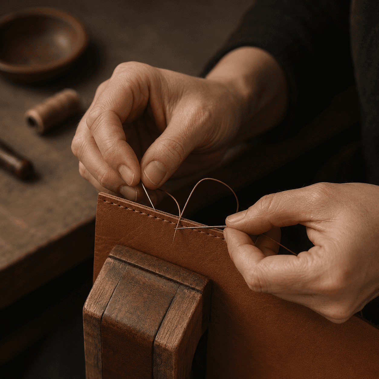 Hands saddle-stitching a leather piece at the workbench