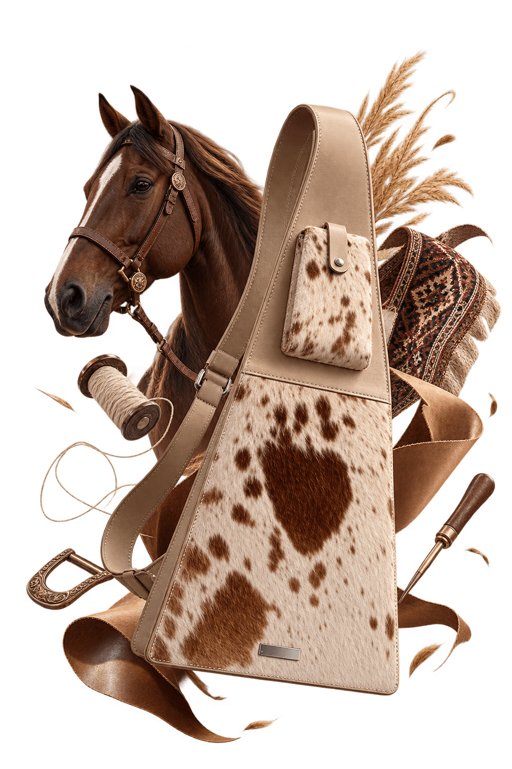 A handmade HEYBE leather piece, shown with a horse in the Azerbaijani saddlebag tradition